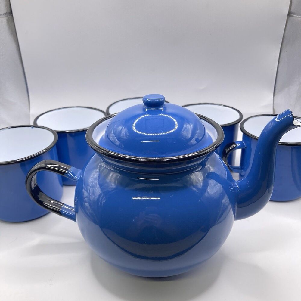 Huta Silesia Mid Century Blue Enamel  Teapot And 5 Cups Poland Vintage Kettle